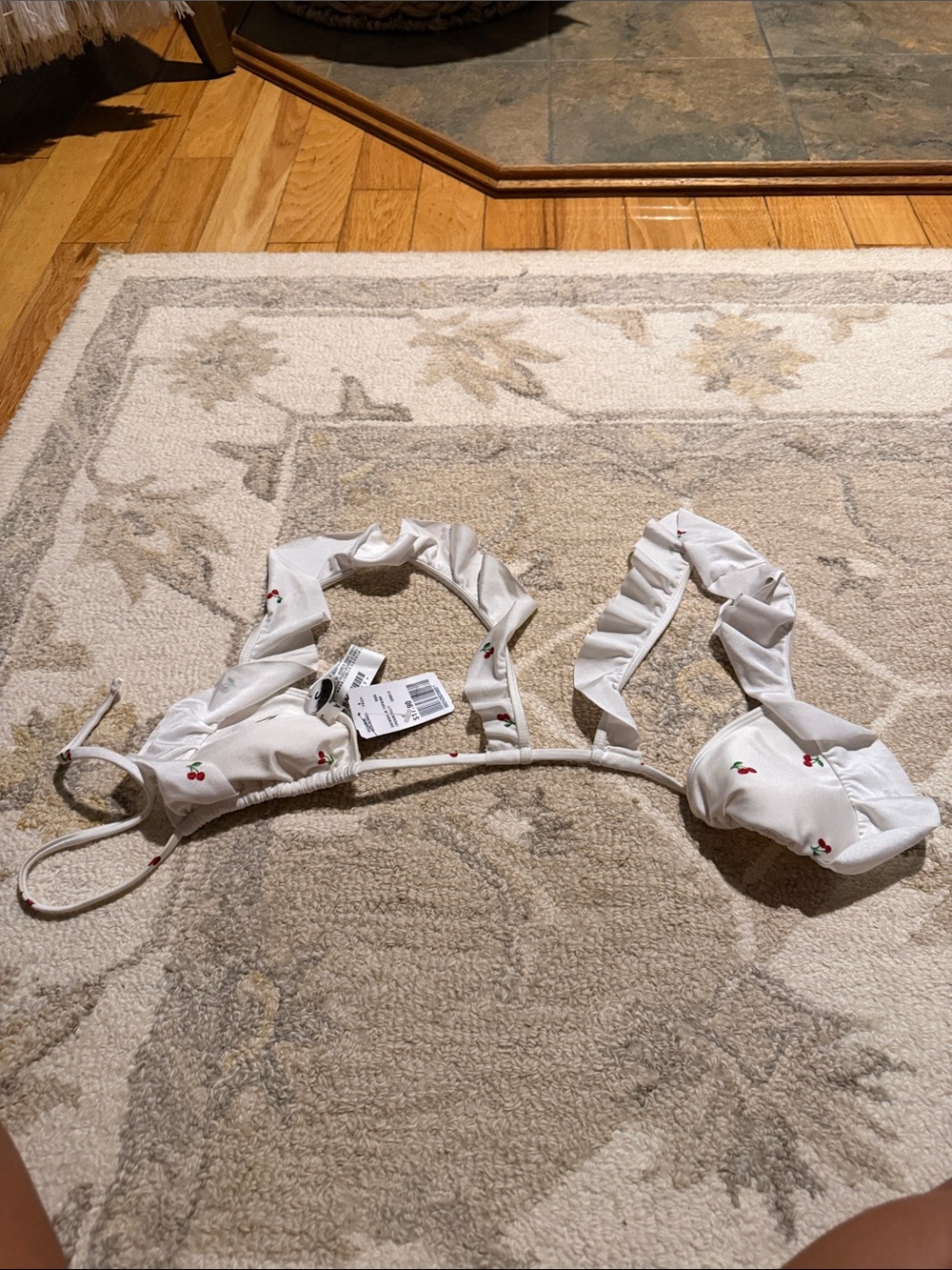 Forever 21 White Ruffle Cherry Print Bikini Top